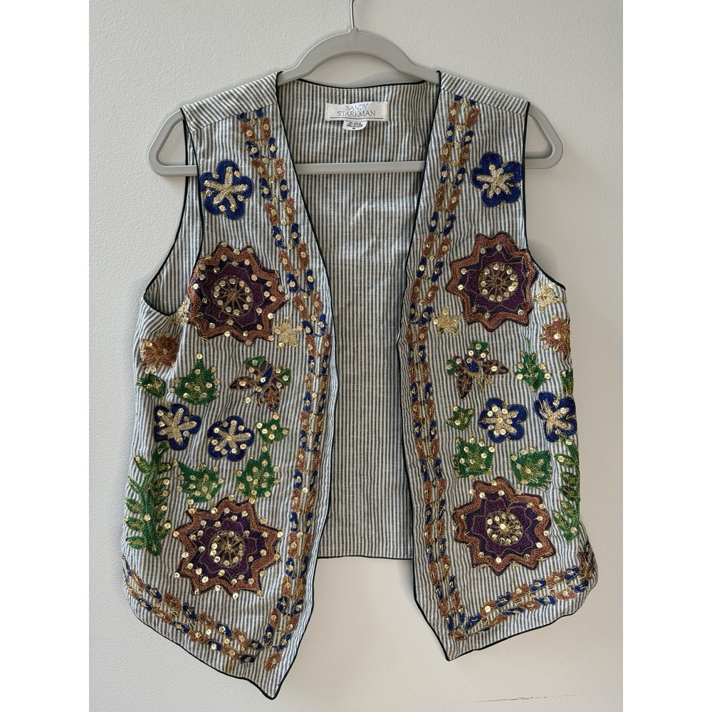 Vintage Sandy Starkman Beaded Floral Embroidered Vest Boho Festival